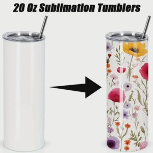 Straight White Skinny Tumbler Blanks for Sublimation, 20oz, Lid, Straw, Straw Cleaner, Coaster, Box, Sleeve