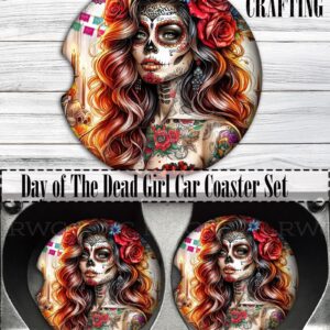 Day of Dead Girl White, Sugar Skull, Día de los Muertos, Tattoo, Car Coasters (Set of 2), Neoprene Cup Holder Accessories