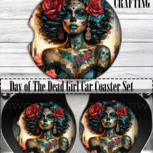 Day of Dead Girl Black, Sugar Skull, Día de los Muertos, Tattoo, Car Coasters (Set of 2), Neoprene Cup Holder Accessories