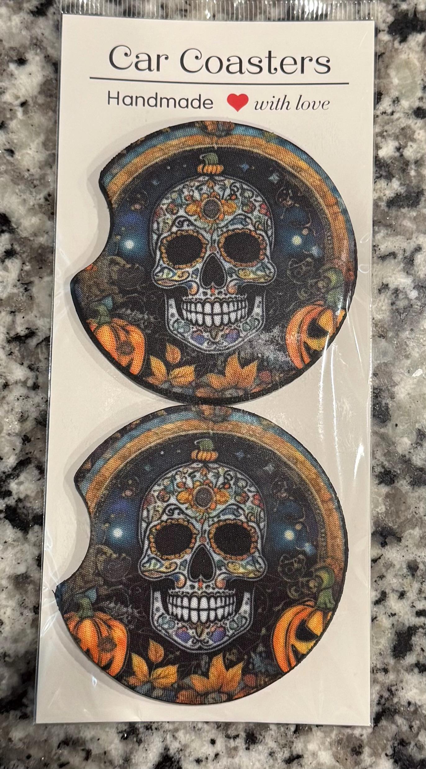 Day of Dead, Sugar Skull, Día de los Muertos, Halloween, Pumpkin, Car Coasters (Set of 2), Neoprene Cup Holder Accessories - Image 3