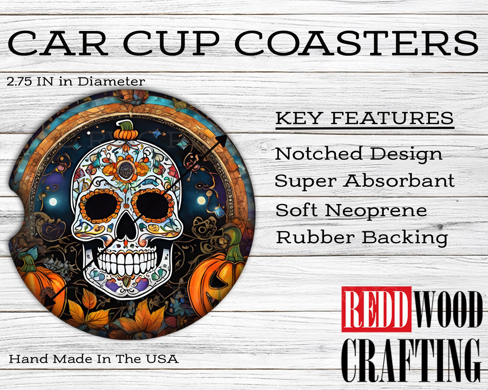 Day of Dead, Sugar Skull, Día de los Muertos, Halloween, Pumpkin, Car Coasters (Set of 2), Neoprene Cup Holder Accessories - Image 2