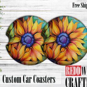 Alcohol Ink Sun Flowers Car Coasters, Car Cup Holder Accessories (Set of 2)