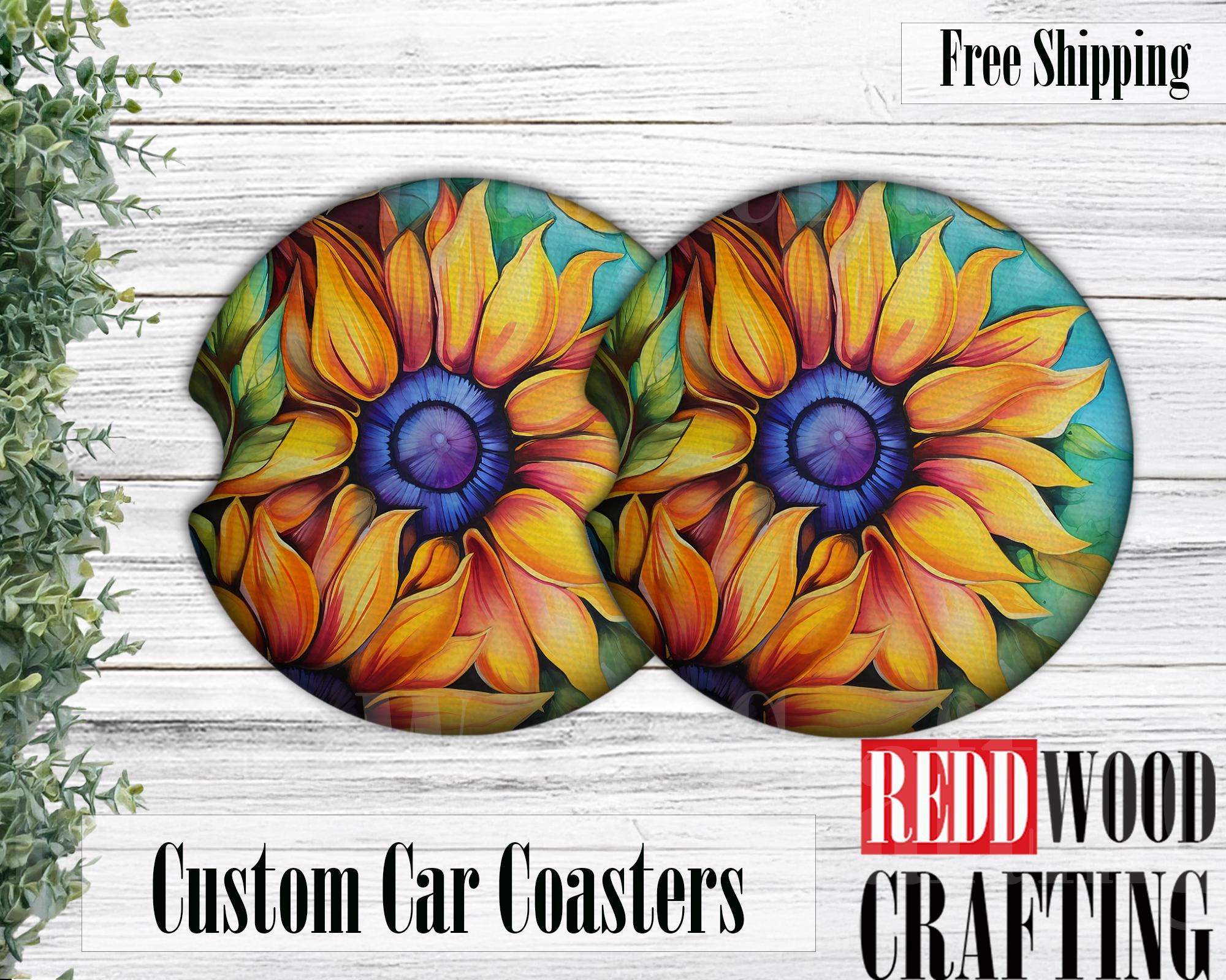 Alcohol Ink Sun Flowers Car Coasters, Car Cup Holder Accessories (Set of 2)