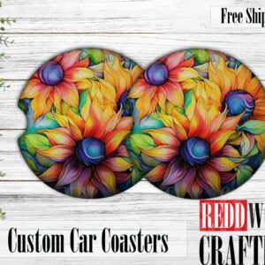 Alcohol Ink Sun Flowers Car Coasters, Car Cup Holder Accessories (Set of 2)