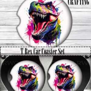 Colorful Painted T Rex Car Coasters (Set of 2), Neoprene Cup Holder Accessories