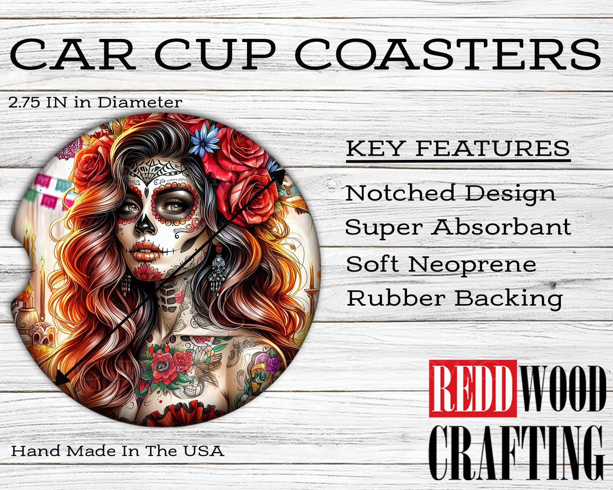 Day of Dead Girl White, Sugar Skull, Día de los Muertos, Tattoo, Car Coasters (Set of 2), Neoprene Cup Holder Accessories - Image 2