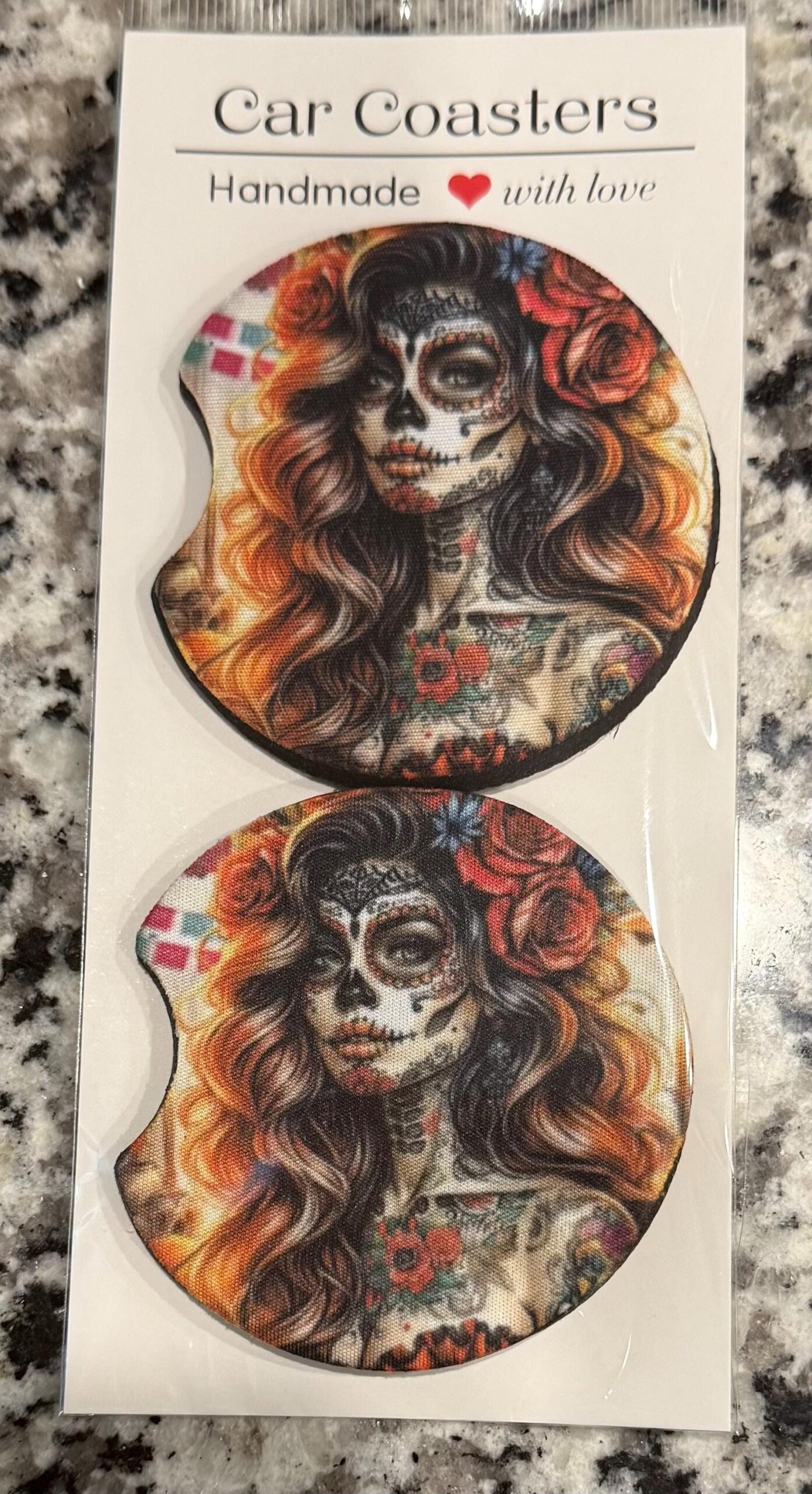 Day of Dead Girl White, Sugar Skull, Día de los Muertos, Tattoo, Car Coasters (Set of 2), Neoprene Cup Holder Accessories - Image 3