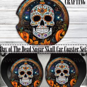 Day of Dead, Sugar Skull, Día de los Muertos, Halloween, Pumpkin, Car Coasters (Set of 2), Neoprene Cup Holder Accessories