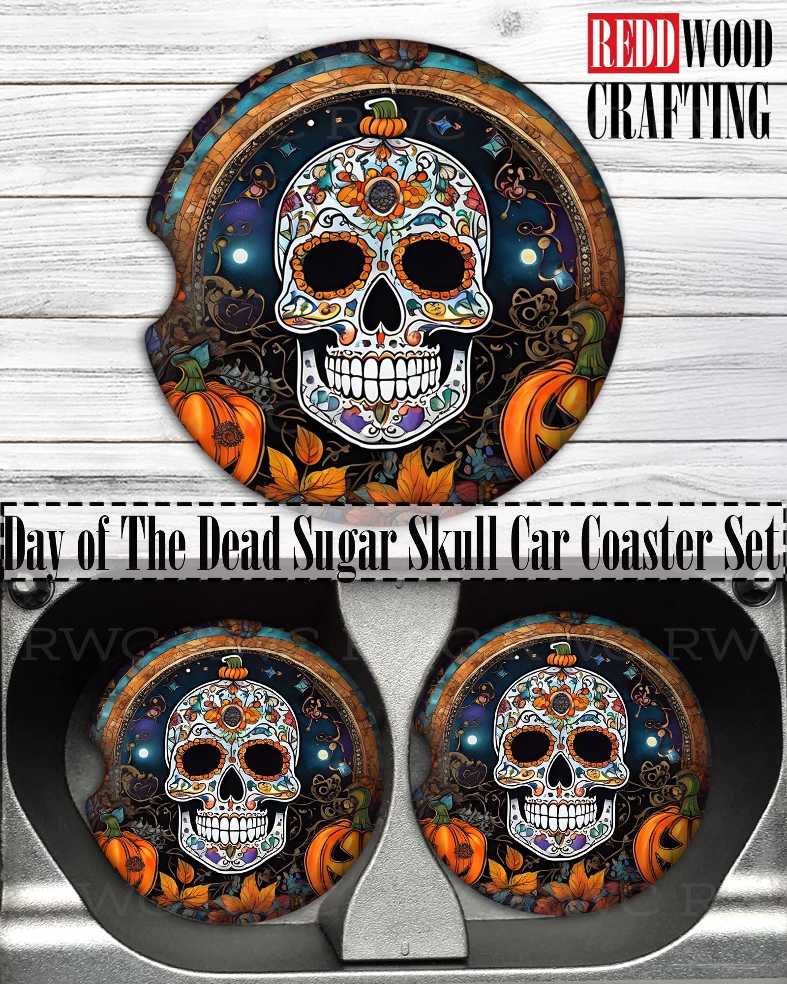 Day of Dead, Sugar Skull, Día de los Muertos, Halloween, Pumpkin, Car Coasters (Set of 2), Neoprene Cup Holder Accessories