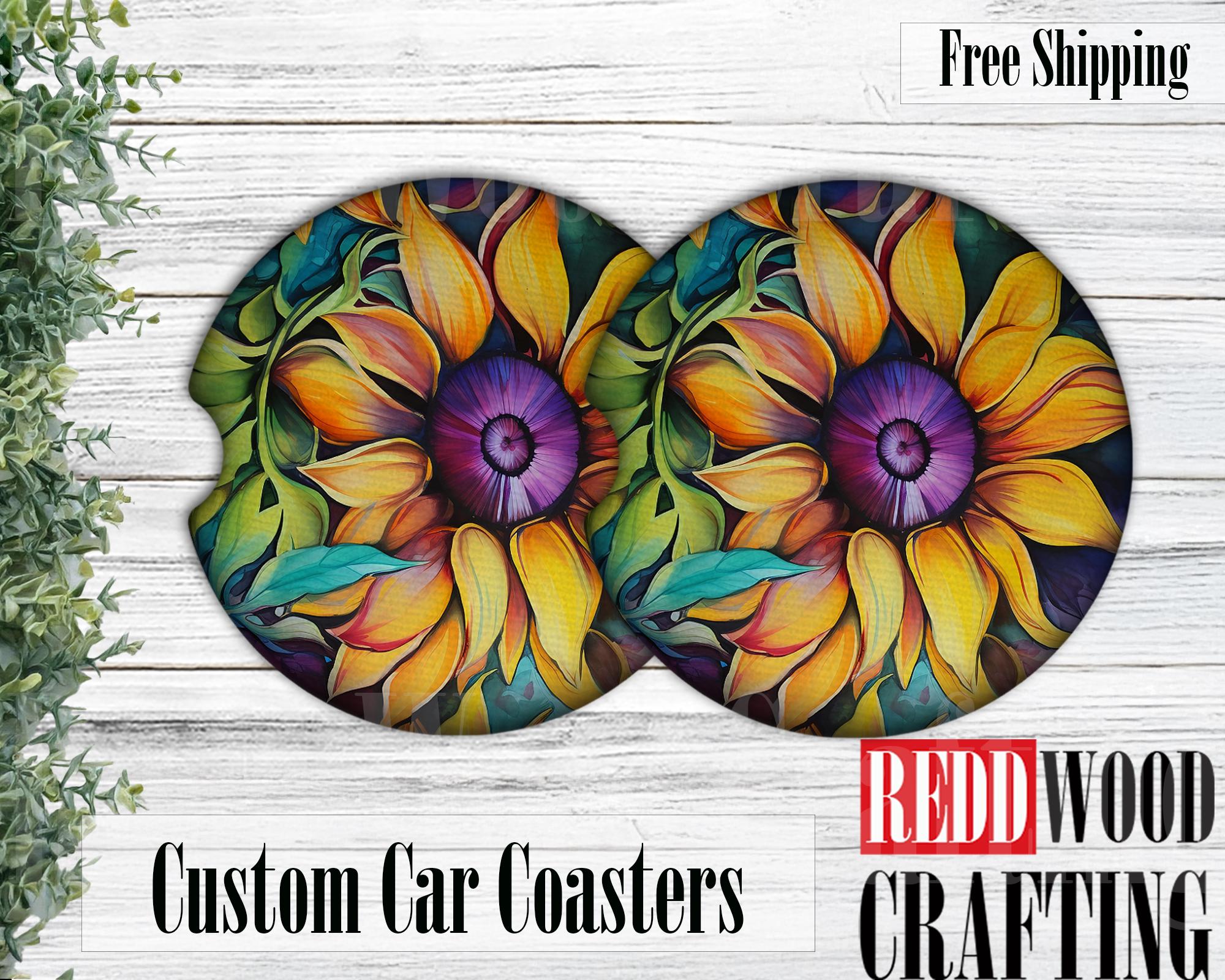 Alcohol Ink Sun Flowers Car Coasters, Car Cup Holder Accessories (Set of 2)