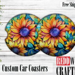 Alcohol Ink Sun Flowers Car Coasters, Car Cup Holder Accessories (Set of 2)