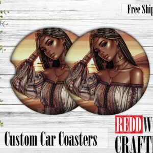 African American Woman Beach Car Coasters, Neoprene Cup Holder Protectors (Set of 2)