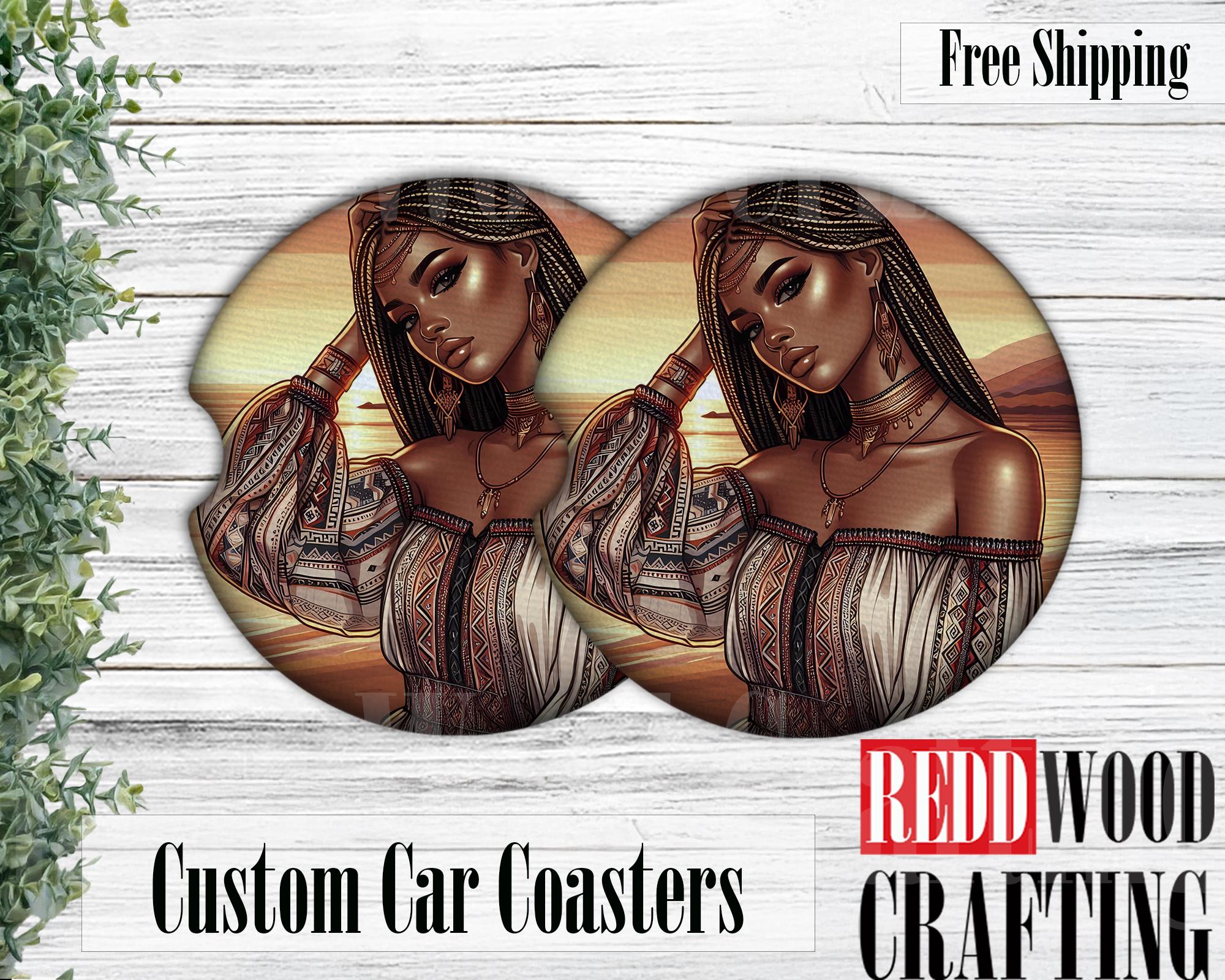 African American Woman Beach Car Coasters, Neoprene Cup Holder Protectors (Set of 2)