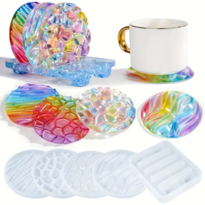 5pcs Resin Wave Coaster Mold, 4pcs Unique Round Coaster Wave Resin Mold, Epoxy Resin Pouring Different Patterns with Holder